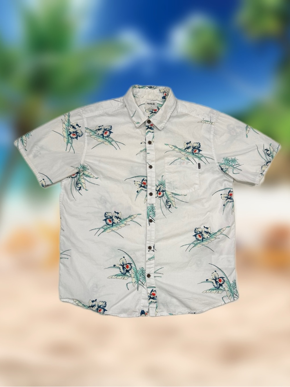 Hurley Floral Hawaiian Button-Up Shirt Men’s Size Large White Short Sleeve